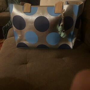 Kate Landry Silver Tote with Navy and Light Blue Polka Dots
